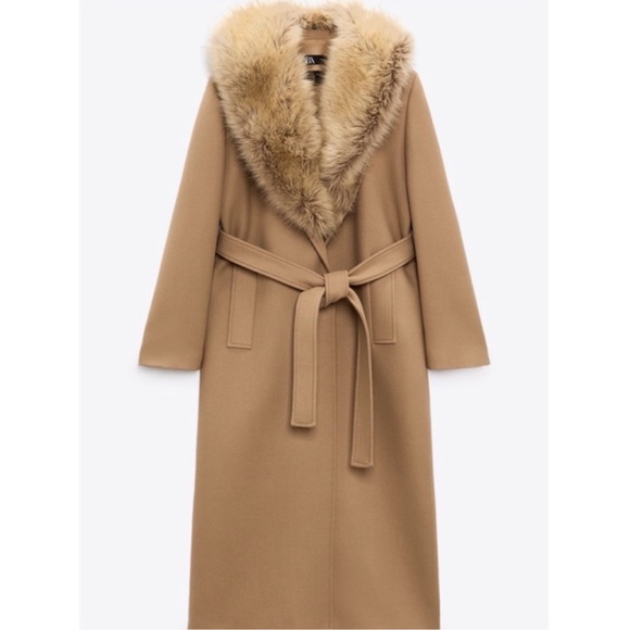 Zara manteco Tan wool coat with faux fur collar and belt - Picture 1 of 5